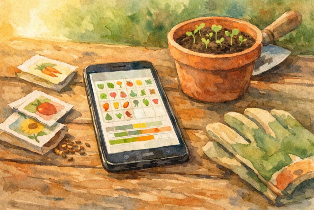 スマホに表示された種まきカレンダーアプリと種袋やプランター