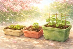 3サイズのプランターに野菜が植えられ桜が舞う春の風景