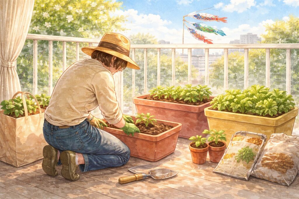 GWにベランダで苗を植える人の後ろ姿と鯉のぼり