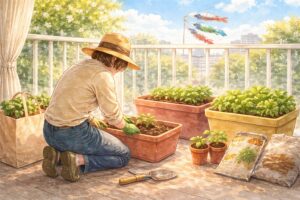 GWにベランダで苗を植える人の後ろ姿と鯉のぼり